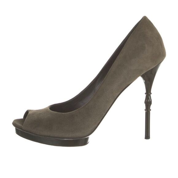 Authentic GUCCI Olive Green Suede Bamboo Stiletto Peep Toe Heel Shoe Size 39 EUC - Picture 7 of 16